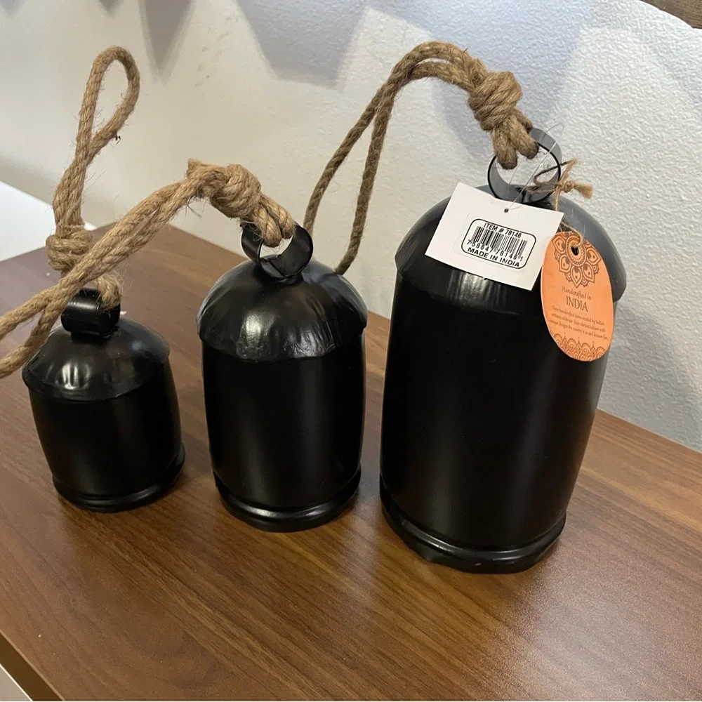 Black Metal Tibetan Inspired Decorative Cow Bells with Jute Hanging Rope